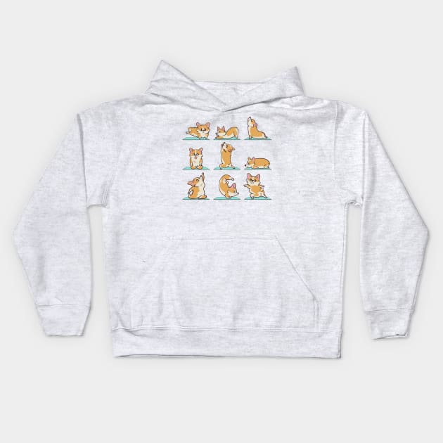 Corgi Yoga Kids Hoodie by huebucket